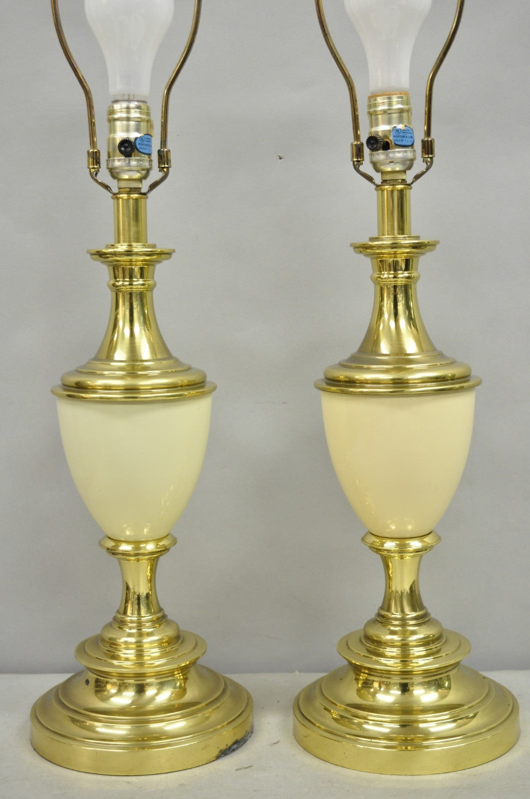 Vintage Stiffel Hollywood Regency Cream Enamel Brass Urn Table Lamps - a Pair