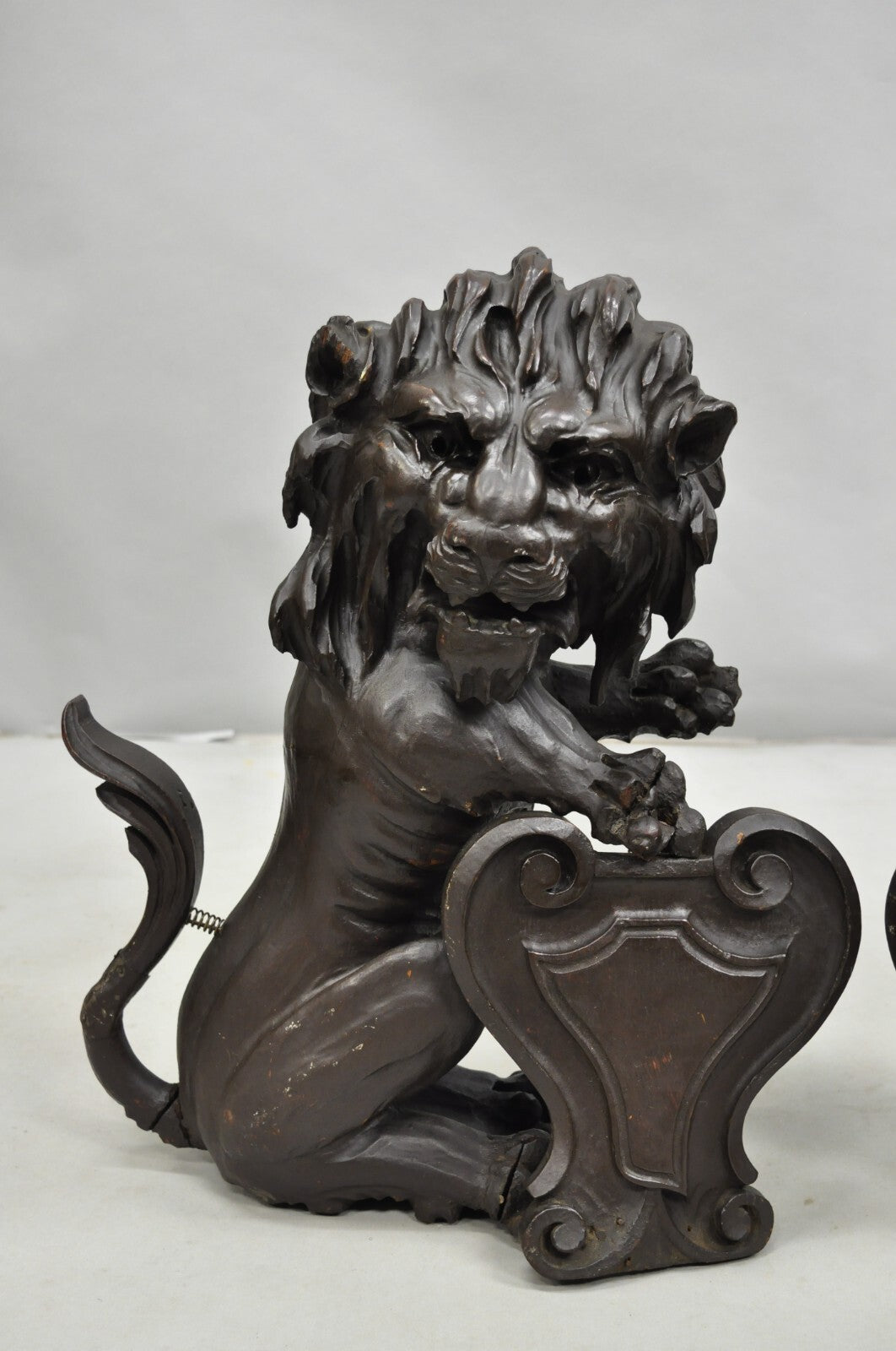 Antique Renaissance Revival Carved Oak Wood 20" Lion Architectural Elements Pair