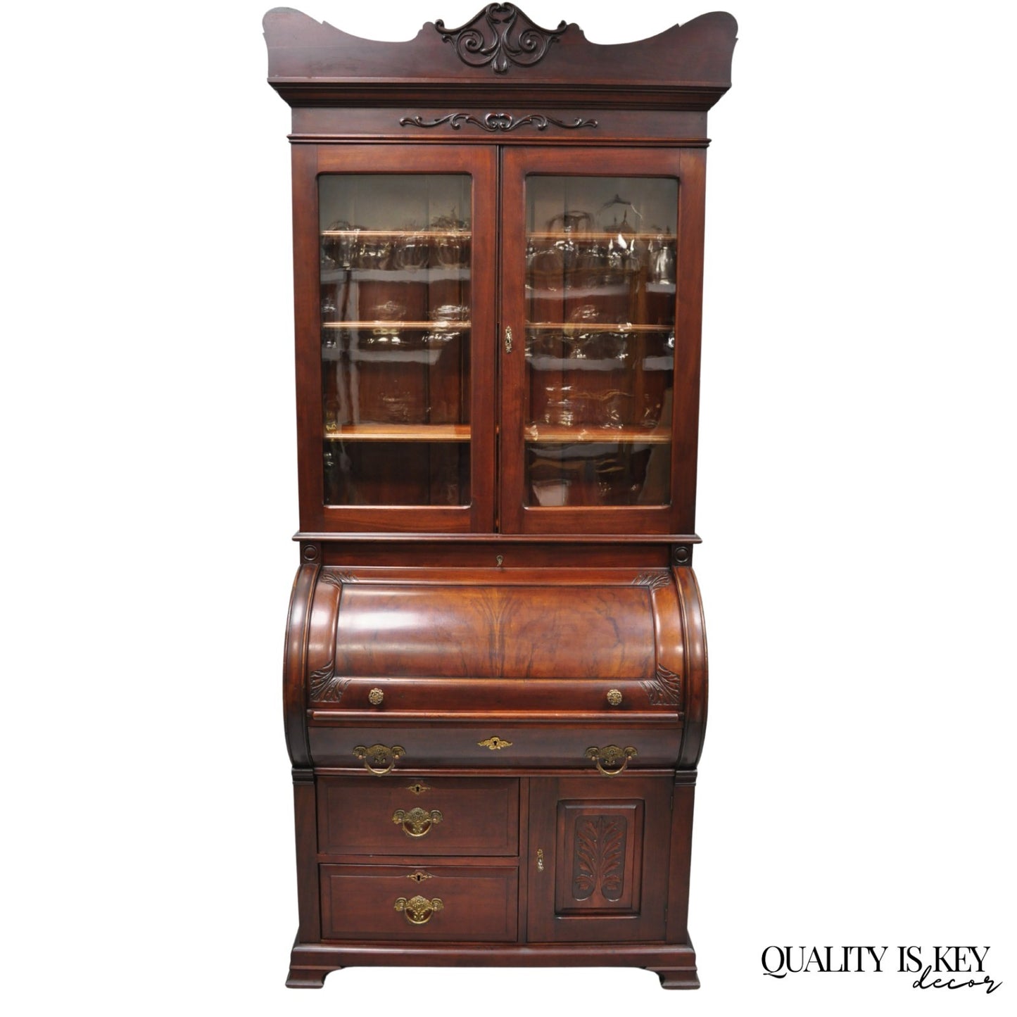 Antique Victorian Mahogany Cylinder Roll Top Bookcase Secretary Desk Cabinet