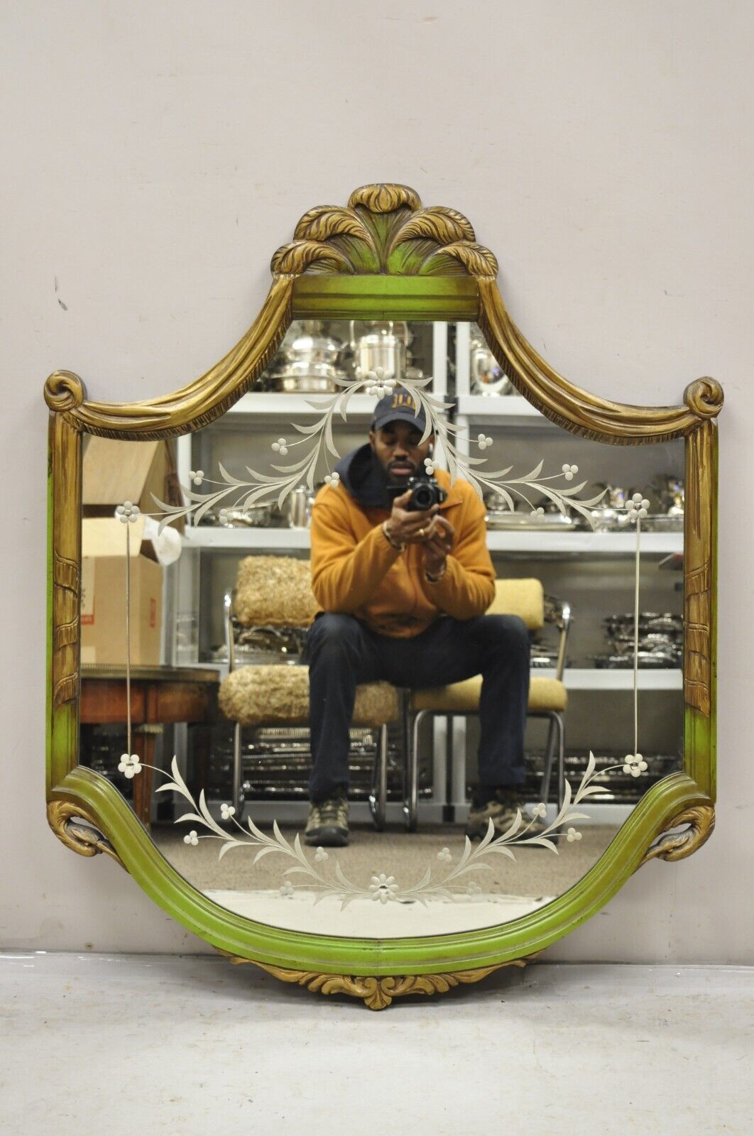 French Louis XVI Style Plume Swan Carved Green Painted Leafy Etched Wall Mirror