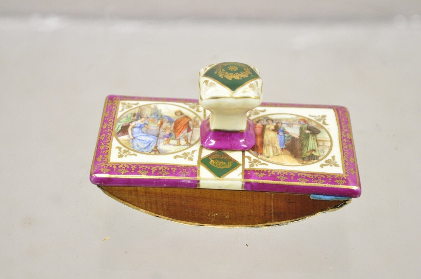 Antique Old Vienna Paris Porcelain Inkwell and Ink Blotter Desk Set - 2 Pc Set