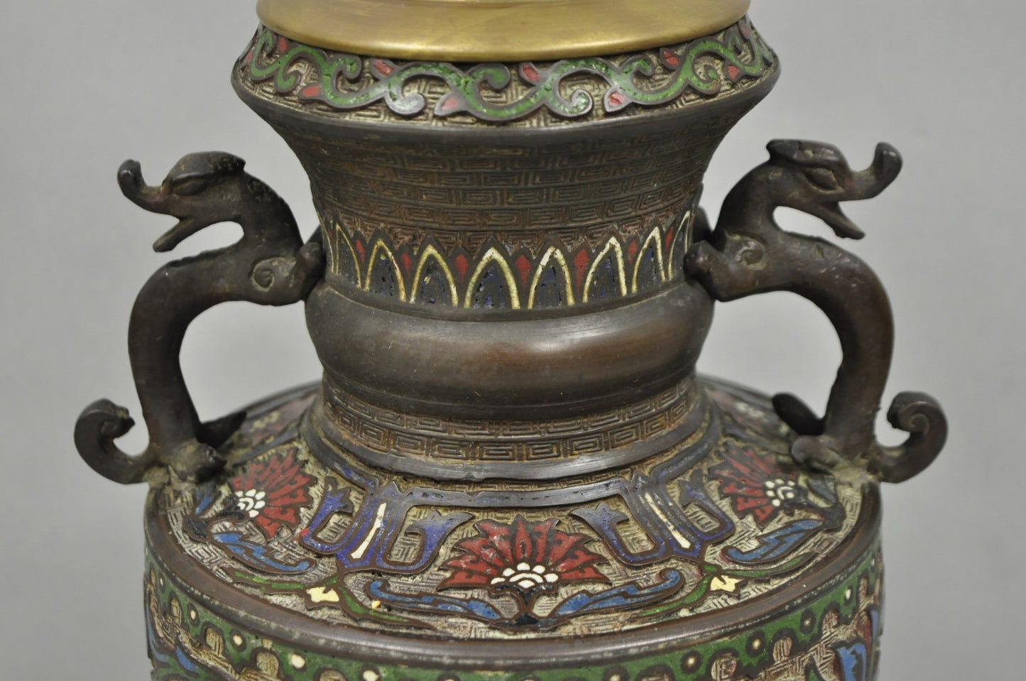 Antique Chinese Porcelain Enamel Bronze Oriental Cloisonne Champleve Table Lamp