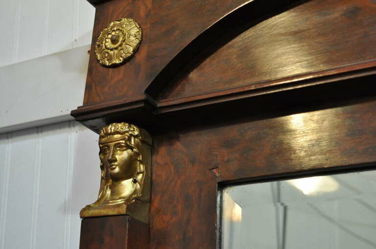 Antique French Empire Style Bronze Ormolu Burl Wood Large Trumeau Pier Mirror
