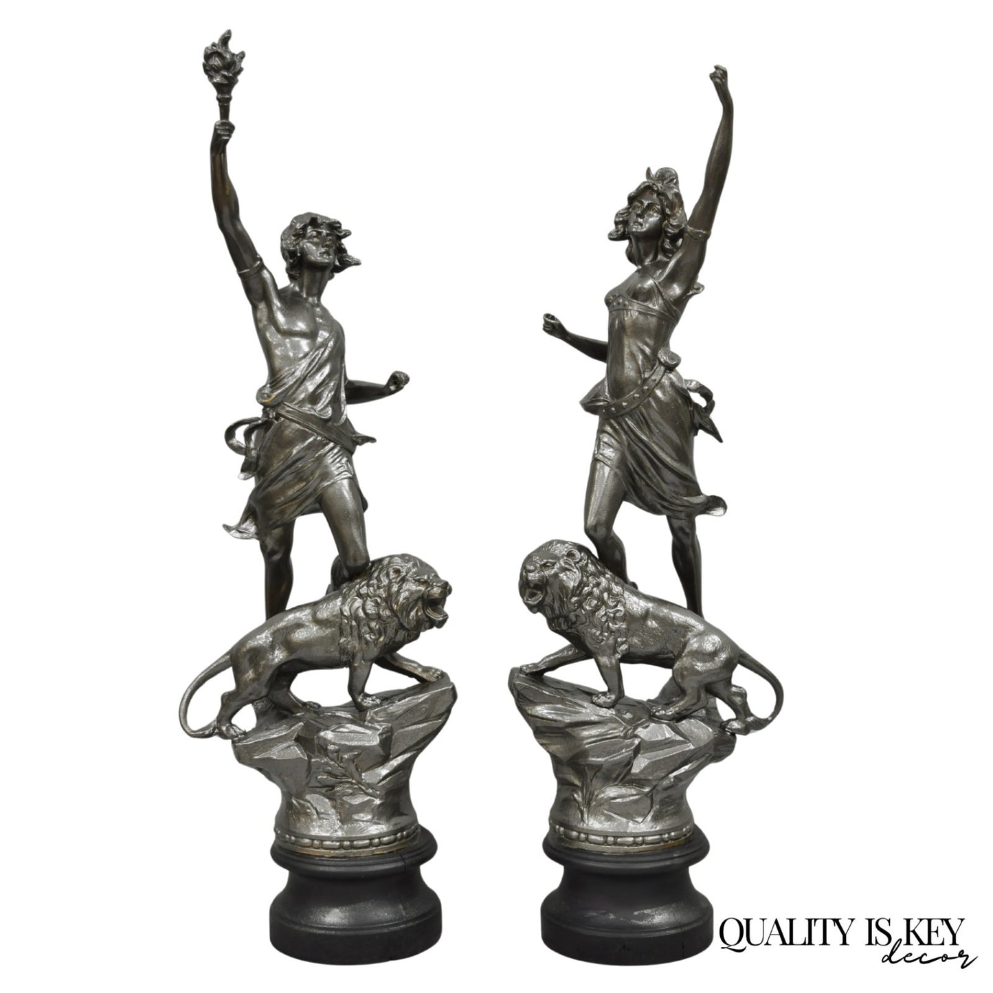 Antique French Renaissance "Le Force & Le Pouvoir" Spelter Metal Sculpture Pair