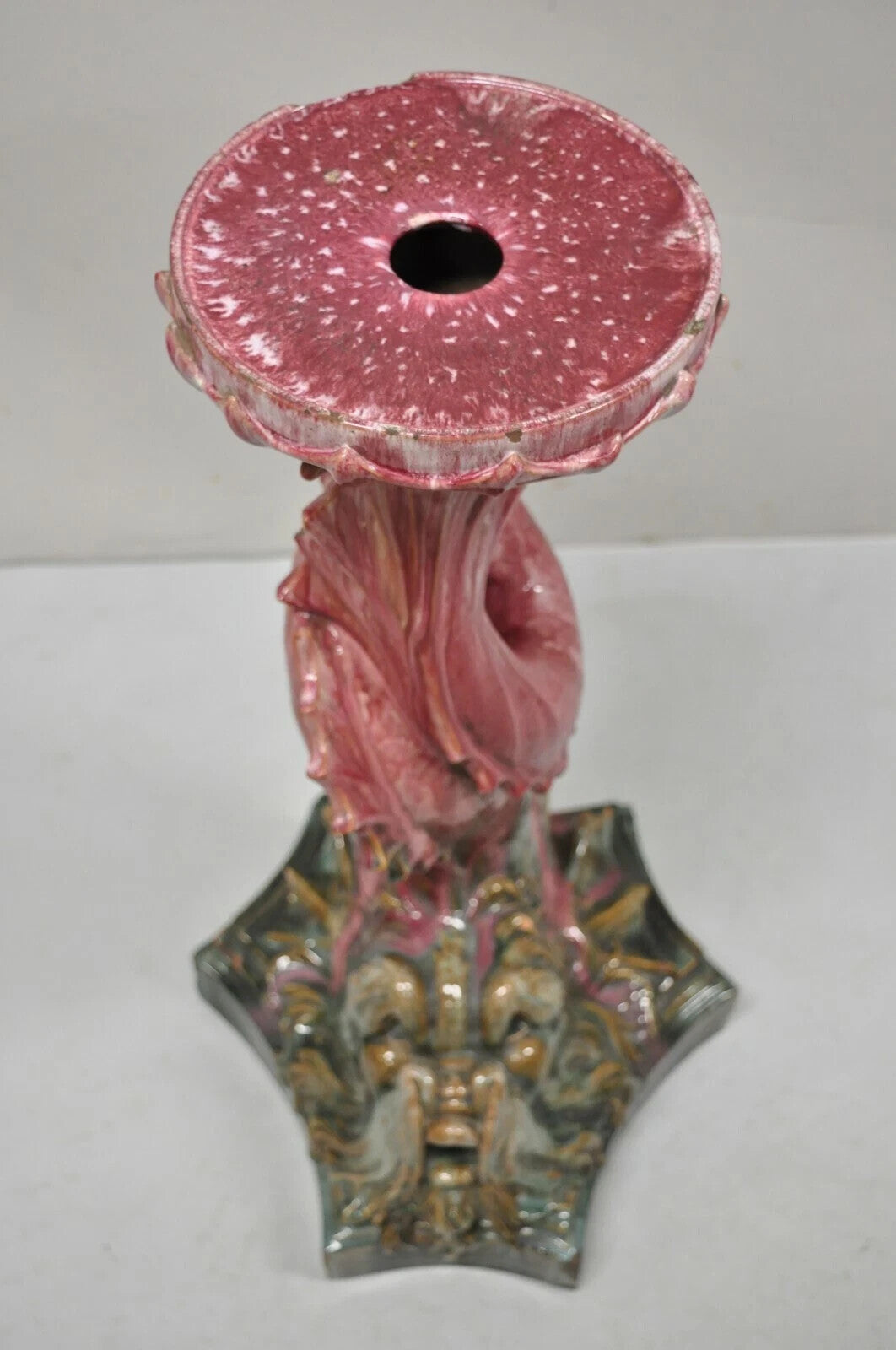 Antique Majolica Terracotta Pottery Dolphin Serpent Pink Plant Stand Pedestal