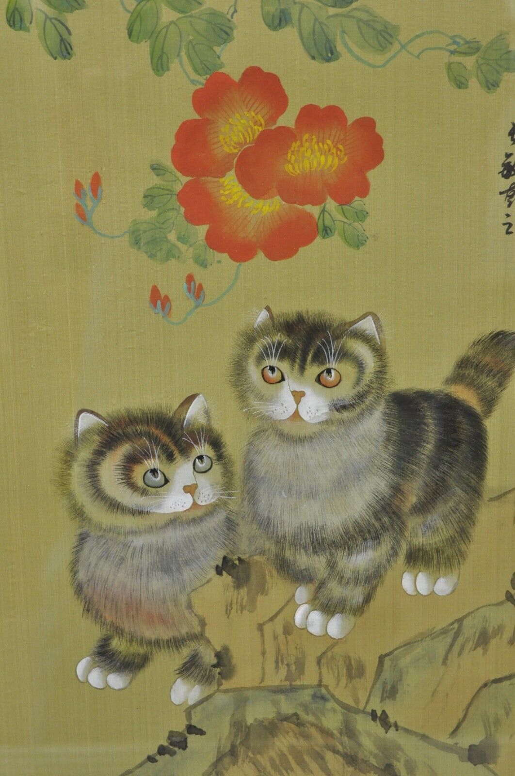 Vintage Chinese Watercolor Silkscreen Framed Painting of Cats and Flowers