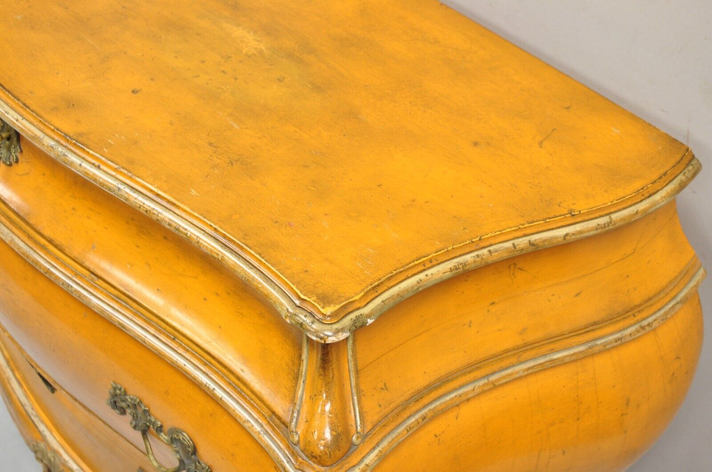 Antique Italian Rococo Orange Painted Bombe Commode Chest of Drawers