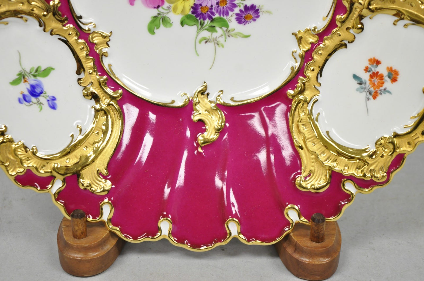 Meissen French Floral Hand Painted Red Porcelain Scalloped Cabinet Plate Bowl