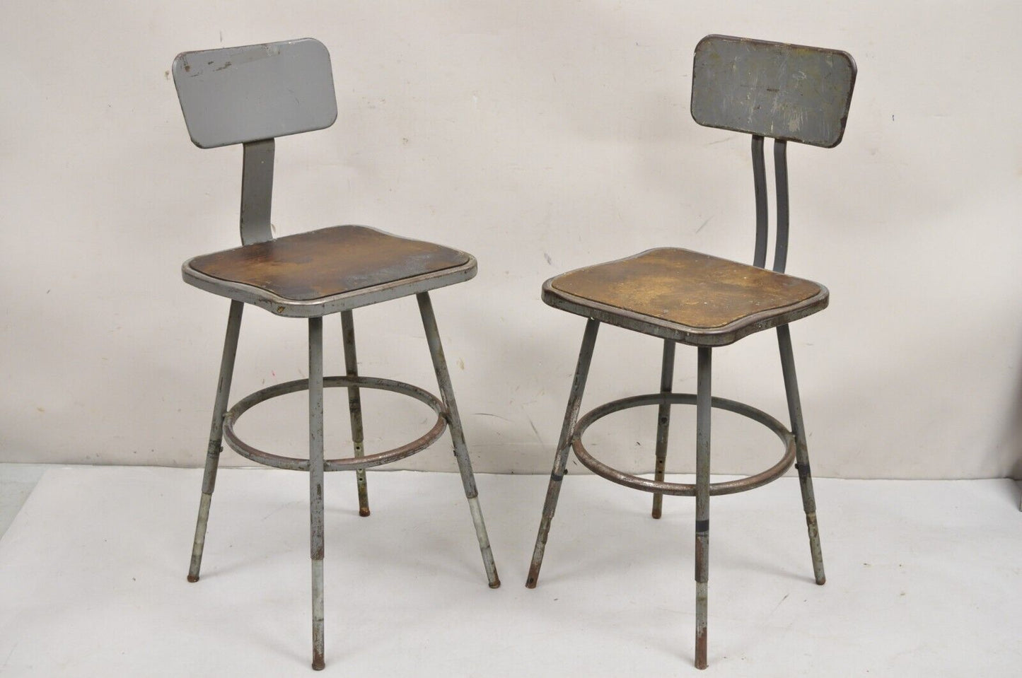 Vintage Royal Metal Steel Industrial Factory Worker Adjustable Stool Chair 2 Pcs