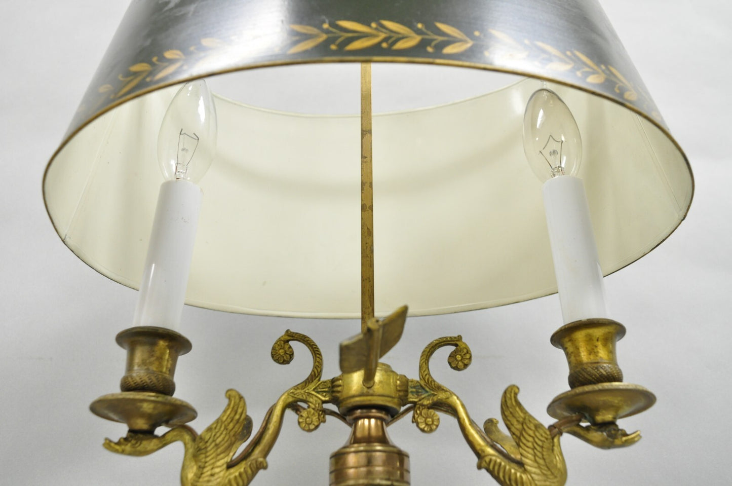 Antique French Empire Bronze Swans Green Tole Metal Shade Bouillotte Table Lamp