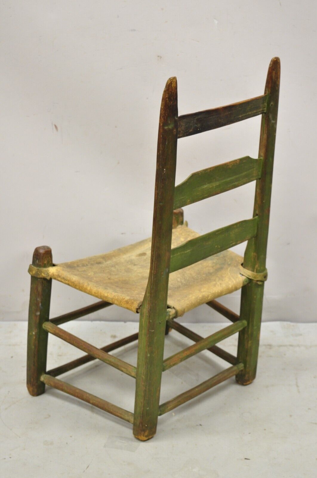 Antique Small Ladder Back Green Primitive Rustic Chair with Deer Hide Seat