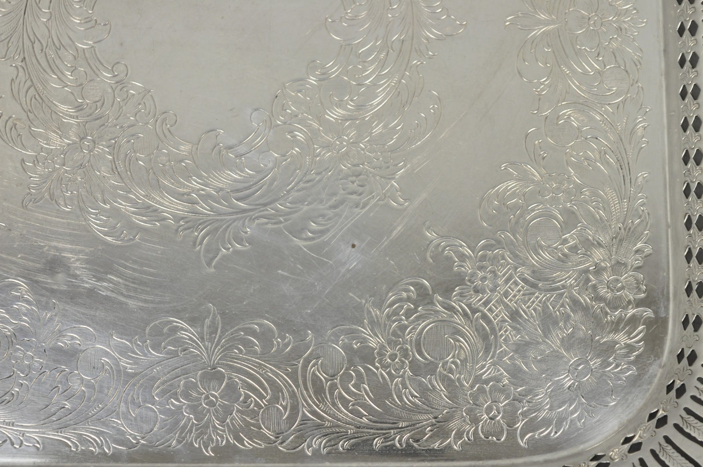 Vintage International Silver Victorian Repousse Pierced Gallery Square Bar Tray
