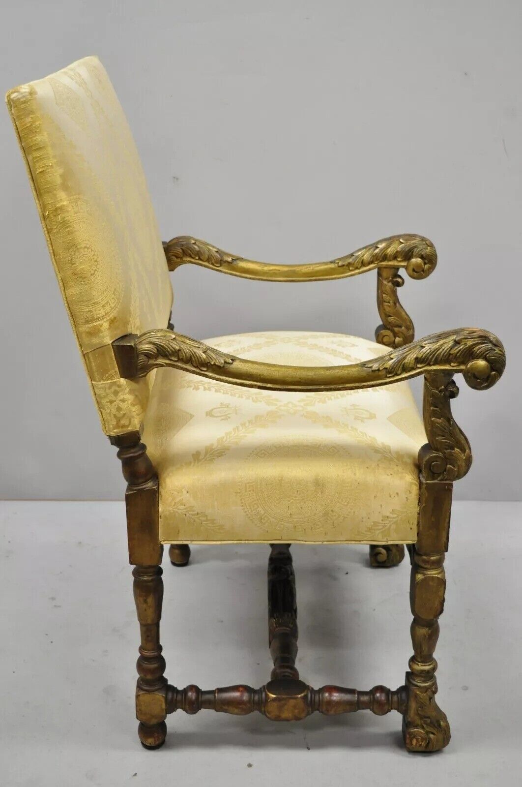 Antique Italian Renaissance Carved Walnut Jacobean Gold Upholstered Arm Chair
