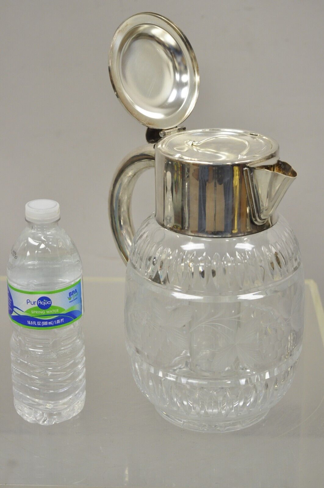 DRGM Germany Cut Crystal Silver Plated Decanter Water Pitcher with Ice Tube