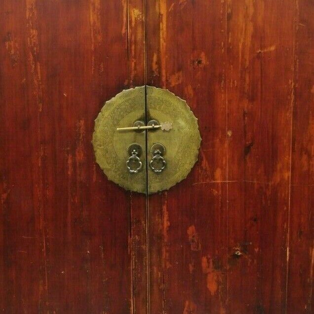 Antique Asian Red Lacquer Oriental Chinese Marriage Wedding Cabinet Wardrobe