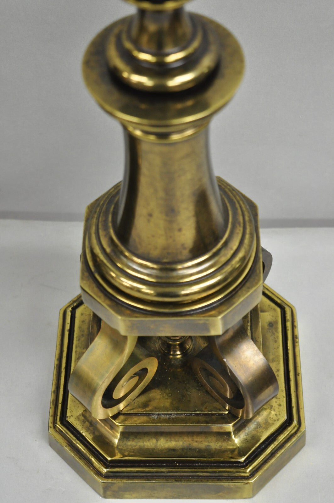 Vintage Hollywood Regency Burnished Brass Tall Candlestick Table Lamps - a Pair