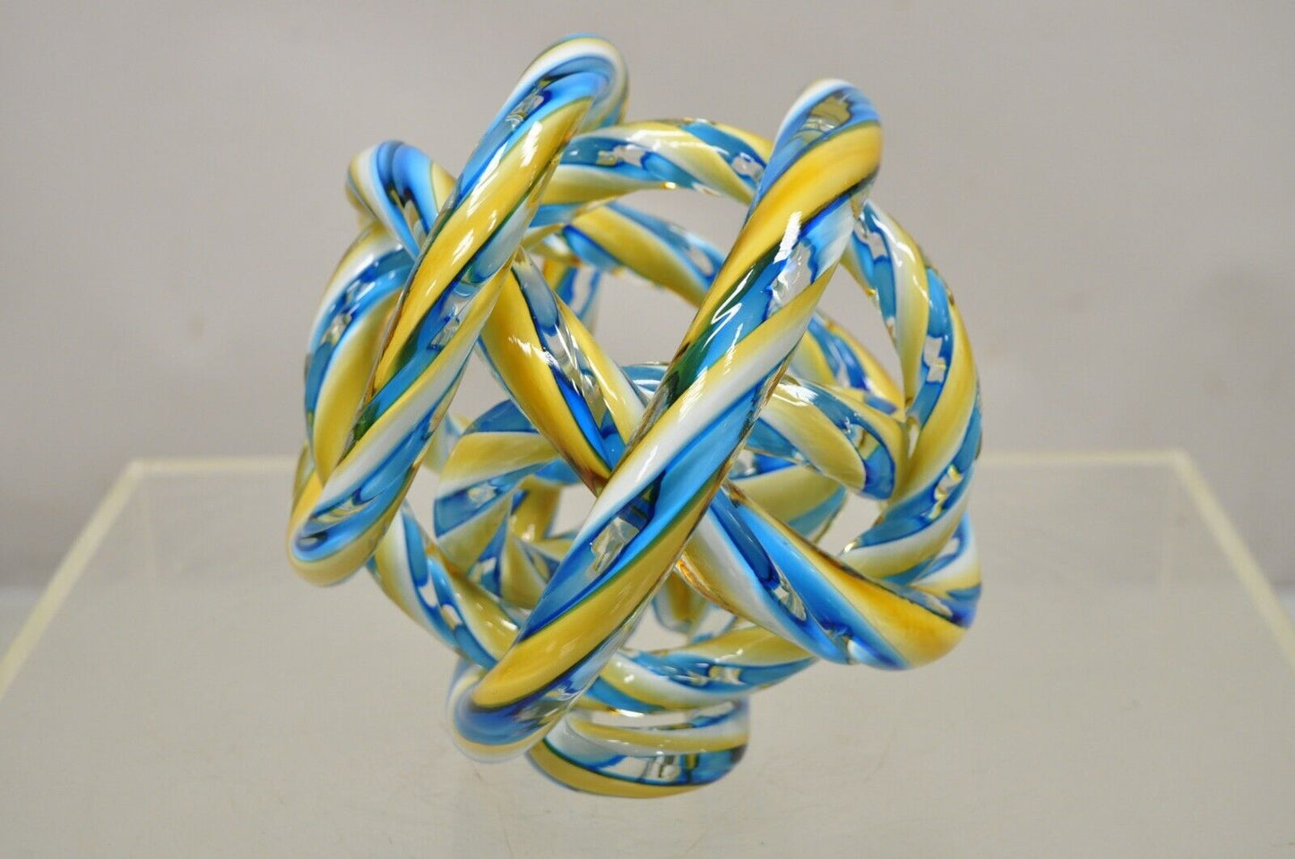 Murano Art Glass Swirl 8" Infinity Knot of Love Blue and Yellow