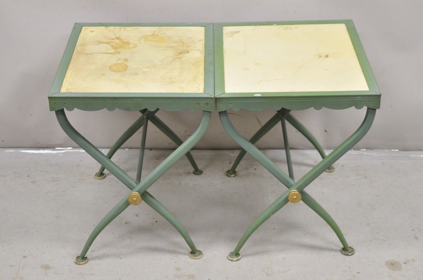Troy Sunshade Hollywood Regency Curule X-Frame Aluminum Patio Side Tables - Pair