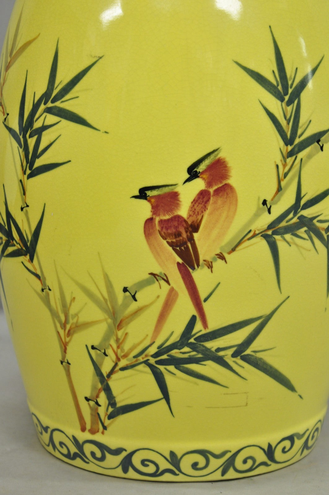 Vintage Chinese Chinoiserie Yellow Porcelain Ceramic Garden Seat w Painted Birds
