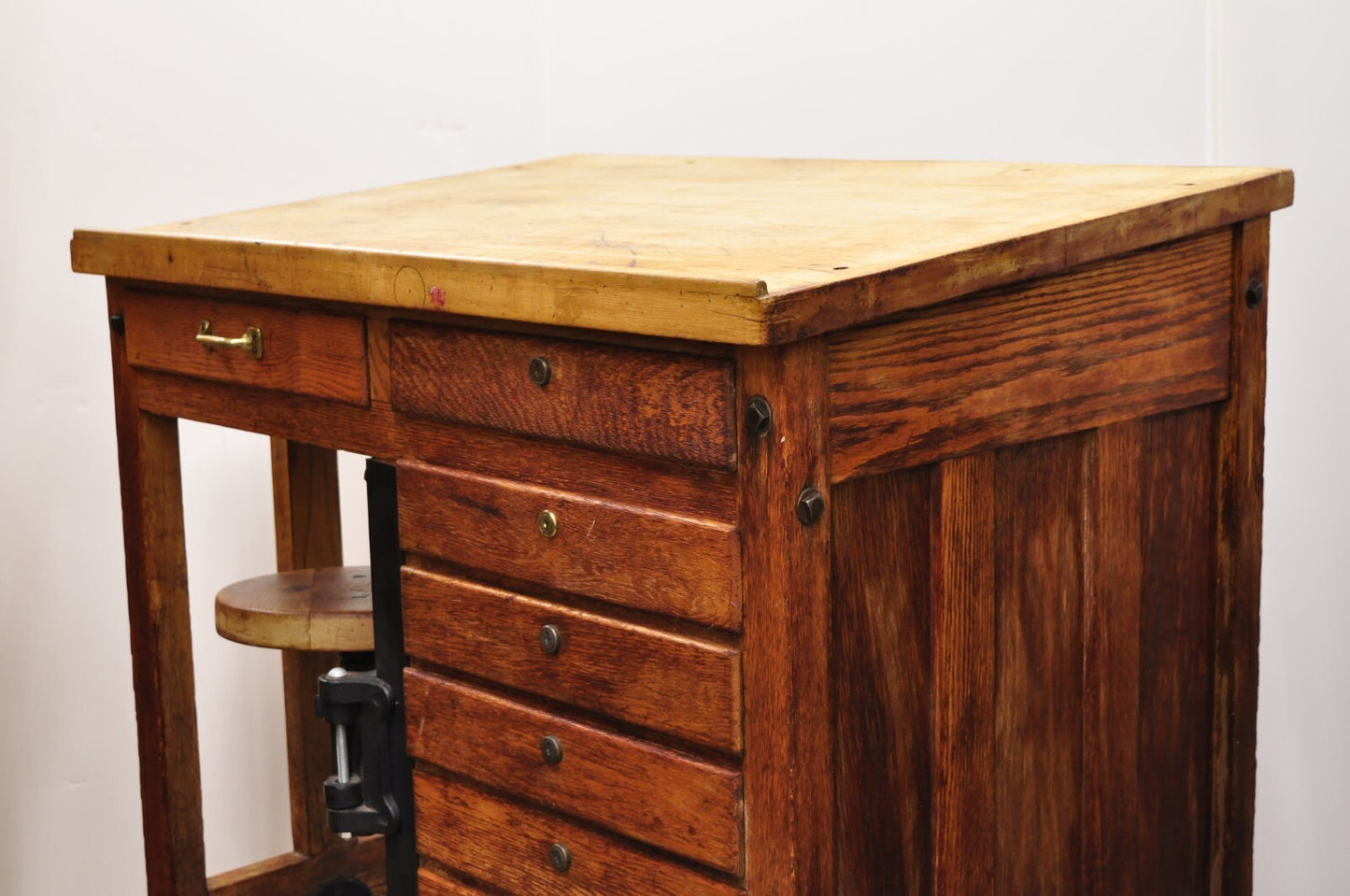 Antique Arts & Crafts Oak Jewelers Workbench Desk Drafting Table w/ Swivel Stool