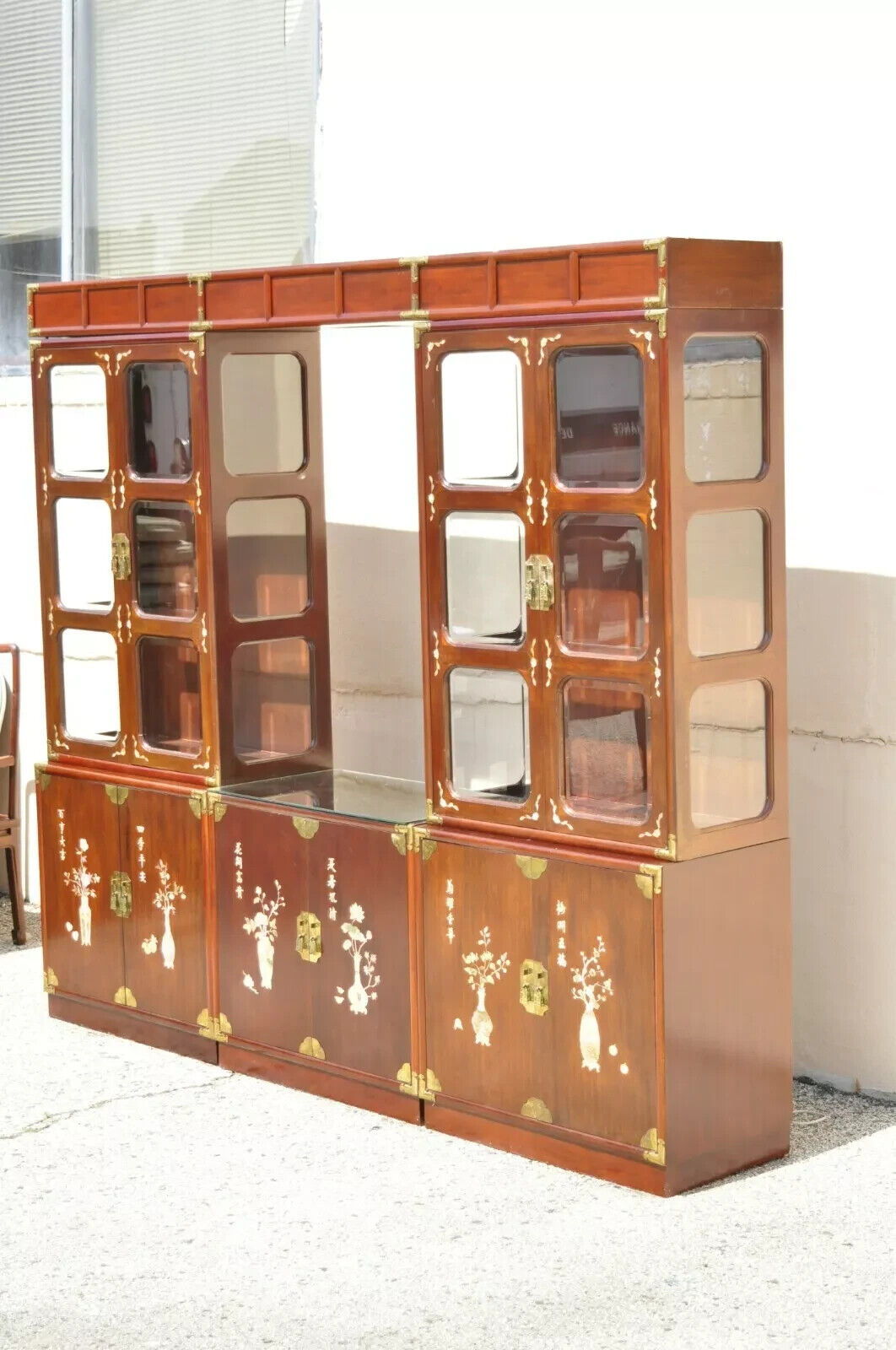 Vintage Chinese Mother of Pearl Hardwood China Cabinet Curio Display Wall Unit