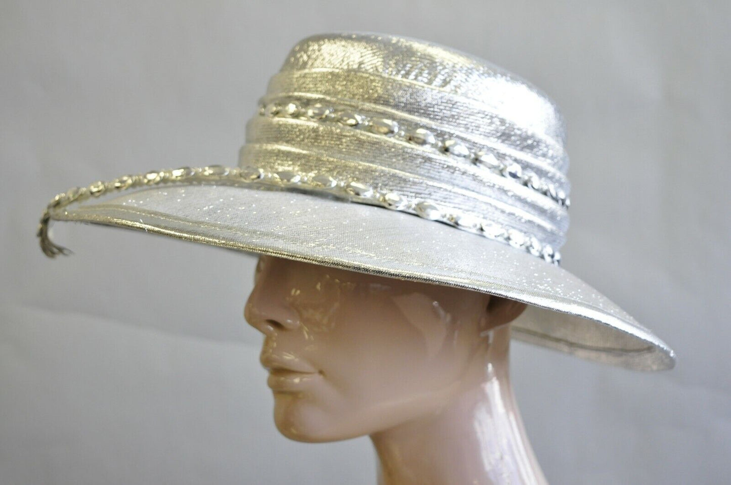 Vintage Mr. John Classic Metallic Silver Church Derby Wide Brim Hat with Feather