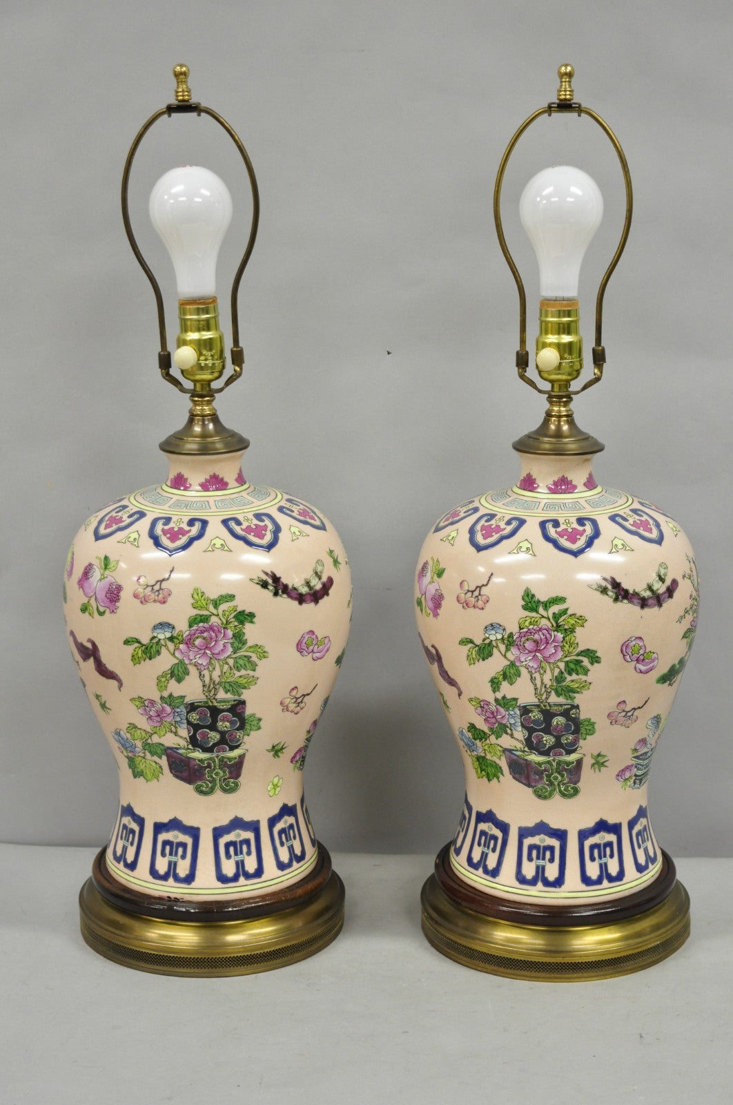 Vintage Chinoiserie Pink Porcelain Ginger Jar Jardinière Vase Table Lamp a Pair