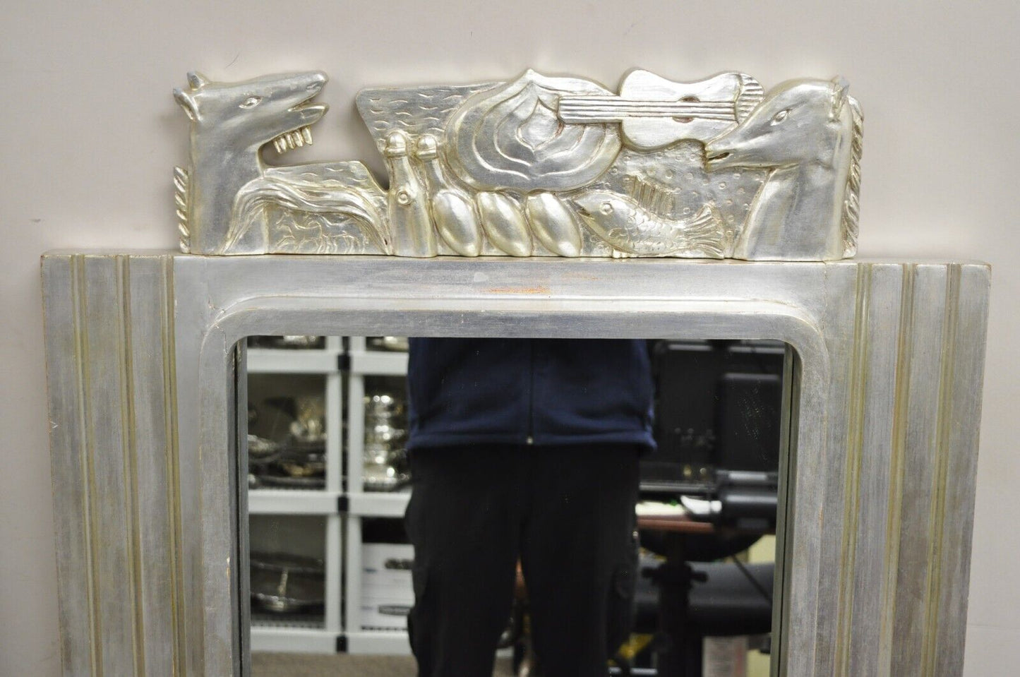 Vintage Italian Modern Figural Relief Carved Silver Leaf Wall Mirrors - a Pair