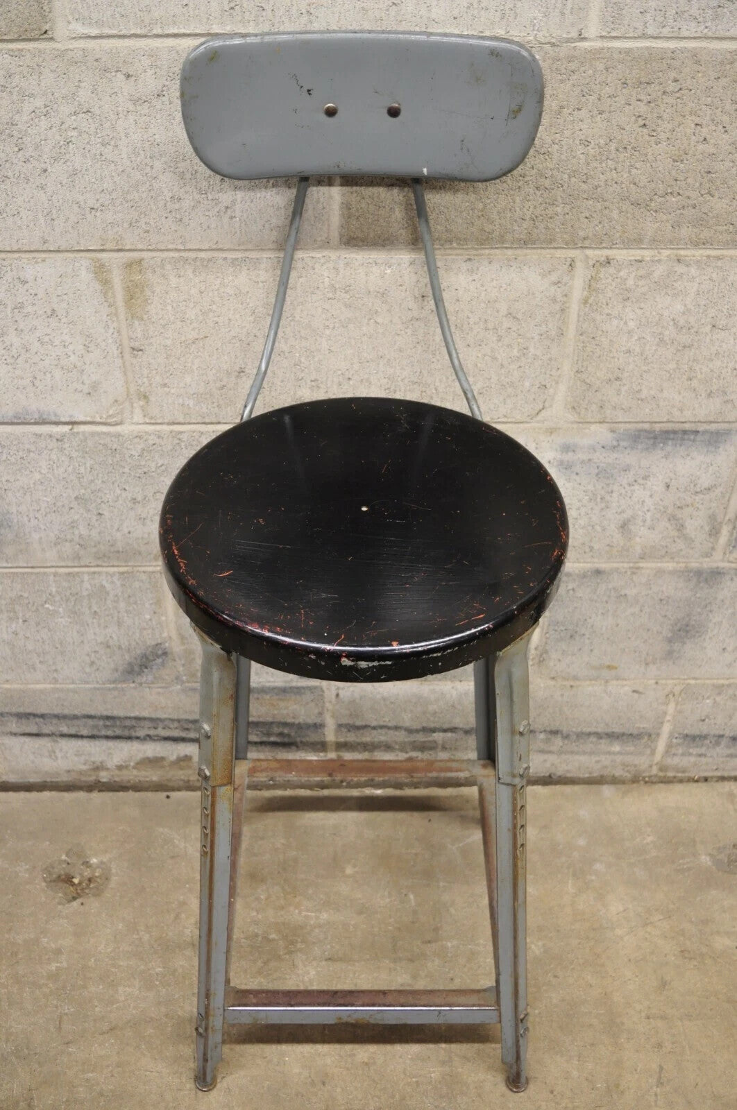 Vintage American Industrial Gray Metal Drafting Stool Artist Work Chair