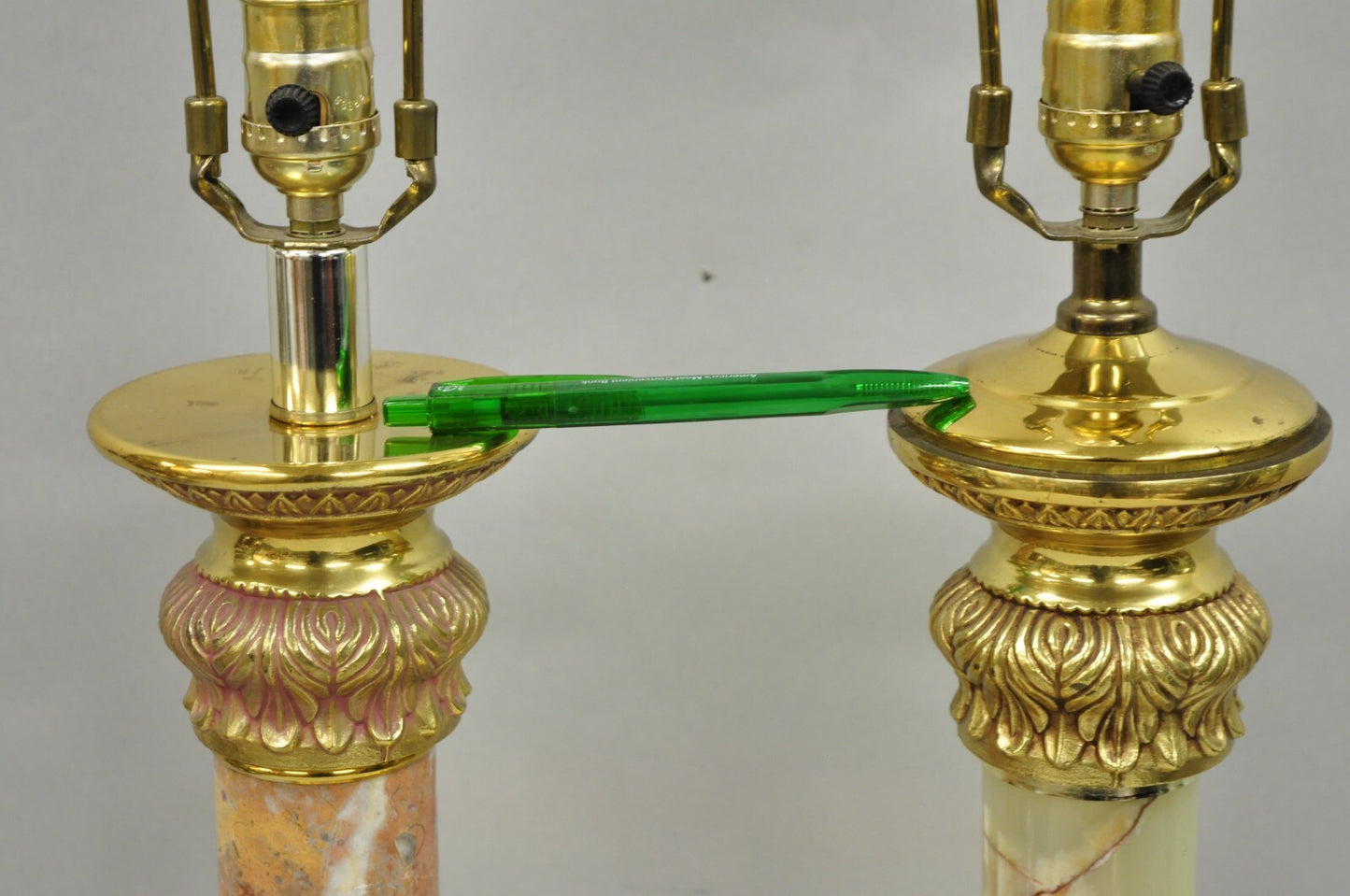 Vintage Hollywood Regency Brass Empire Column Green Pink Gold Table Lamps - Pair