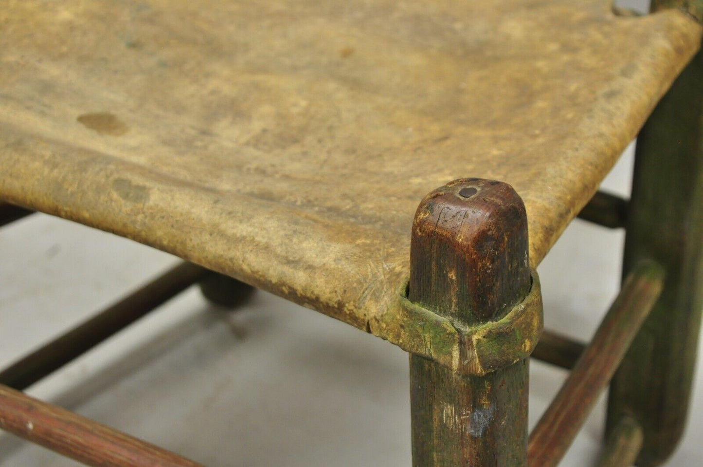 Antique Small Ladder Back Green Primitive Rustic Chair with Deer Hide Seat