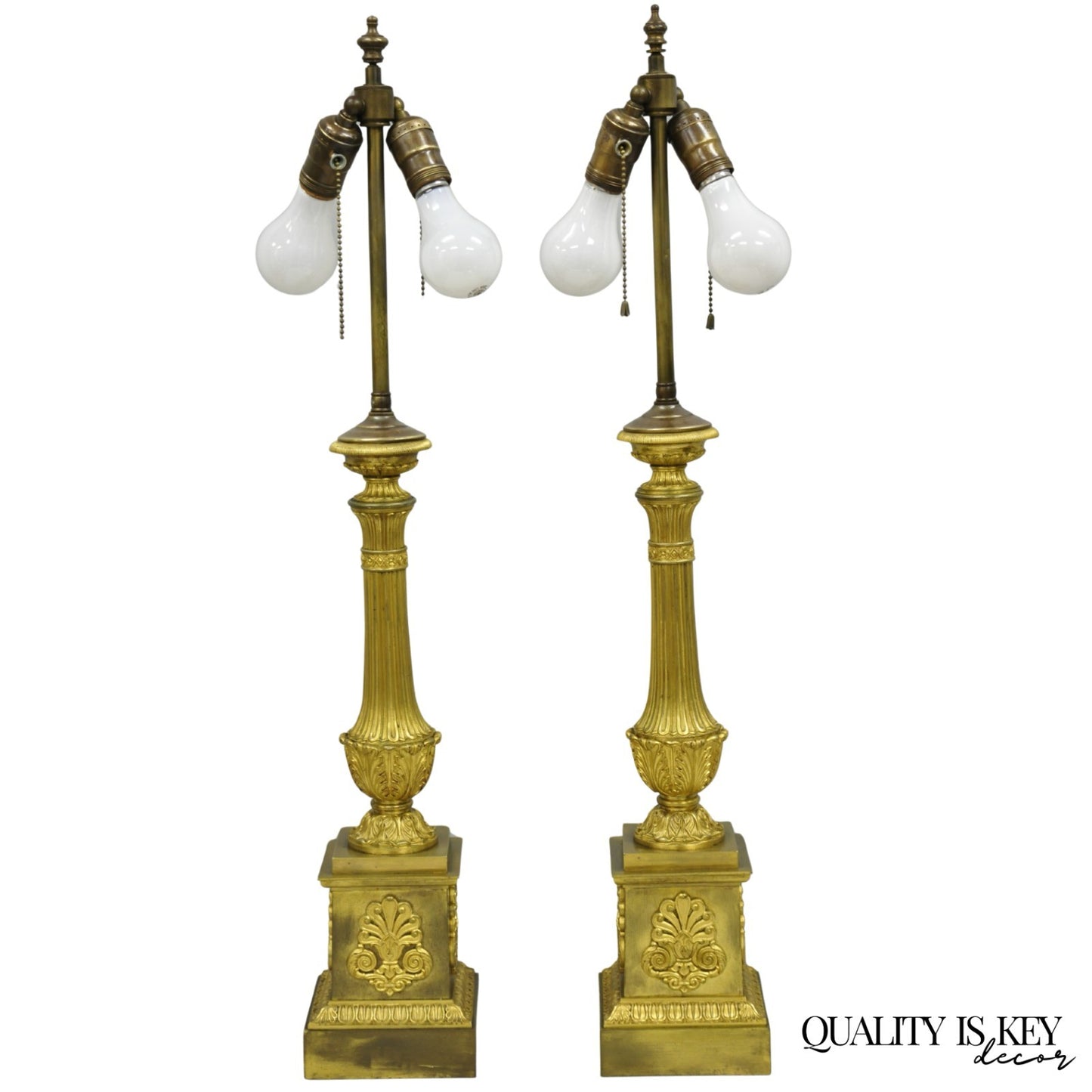 Antique French Empire Neoclassical Bronze Candlestick Column Table Lamps a Pair