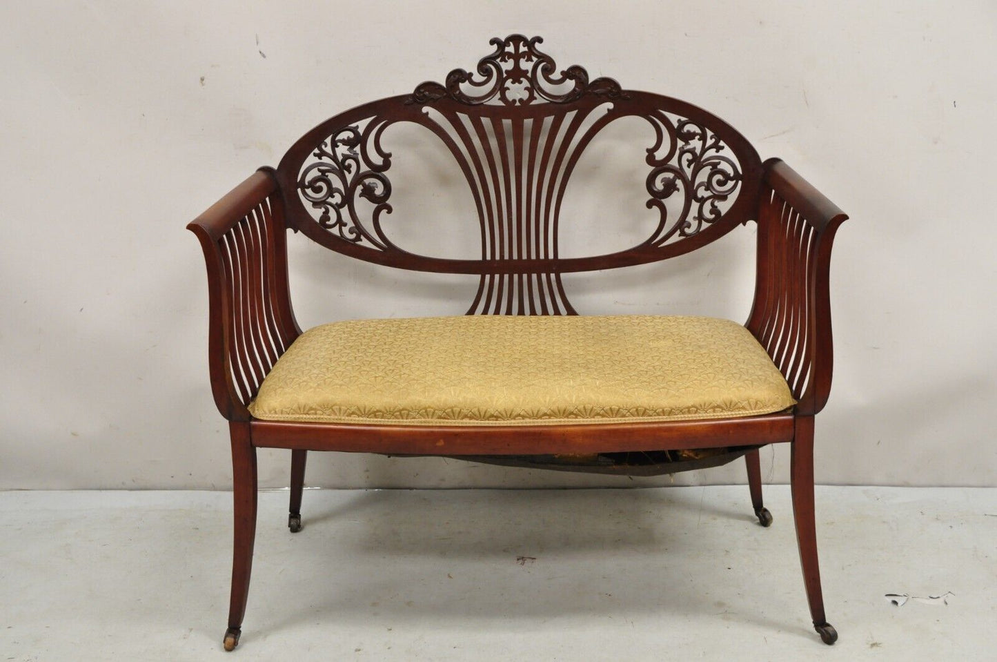 Antique Victorian Mahogany Carve Fretwork Sofa Parlor Bench Settee Loveseat