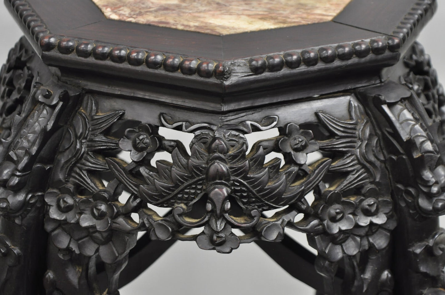 Antique Chinoiserie Chinese Carved Hardwood Marble Top 36" Pedestal Plant Stand