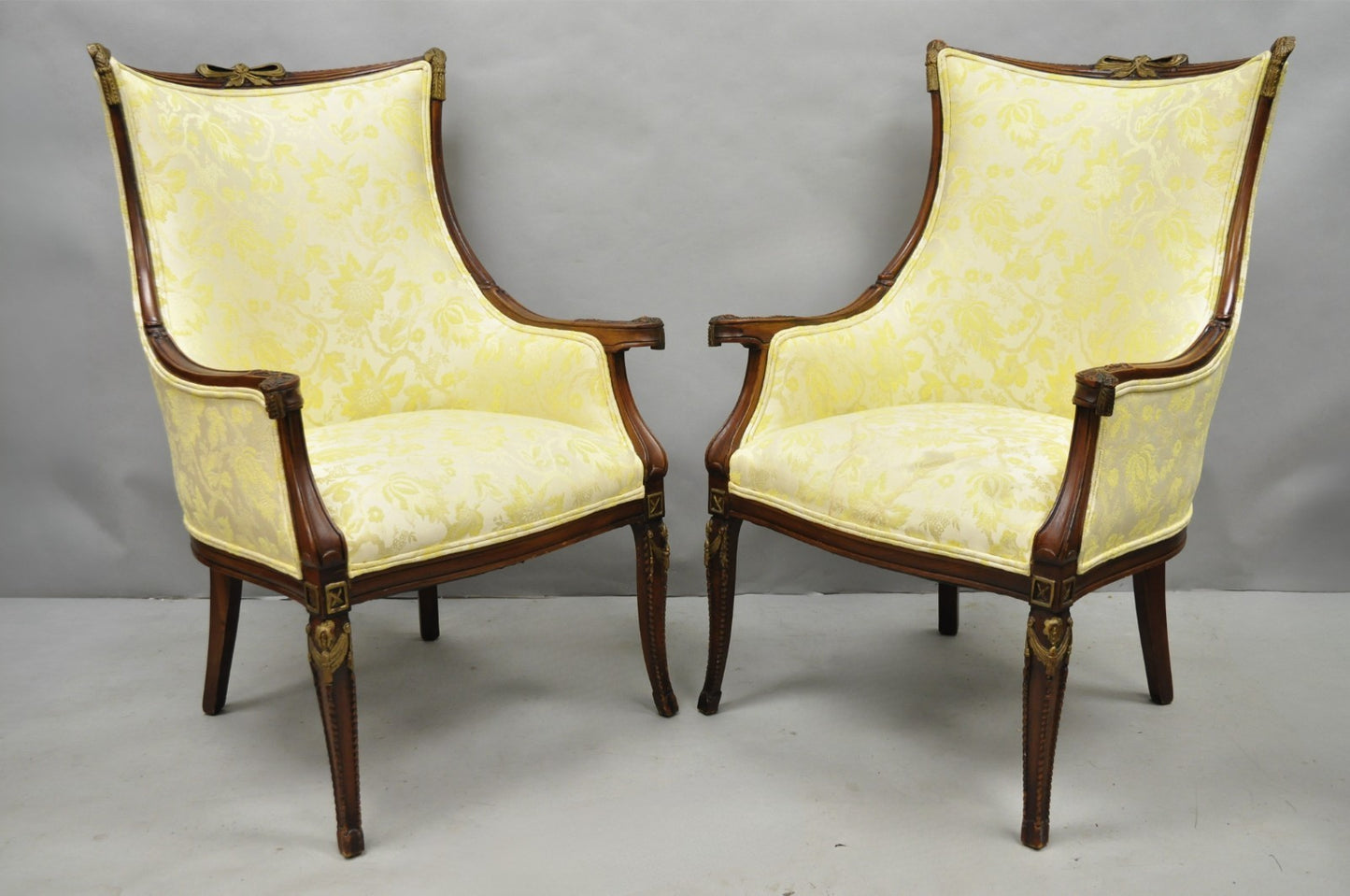 Vintage French Hollywood Regency Carved Mahogany Parlor Lounge Chairs - a Pair