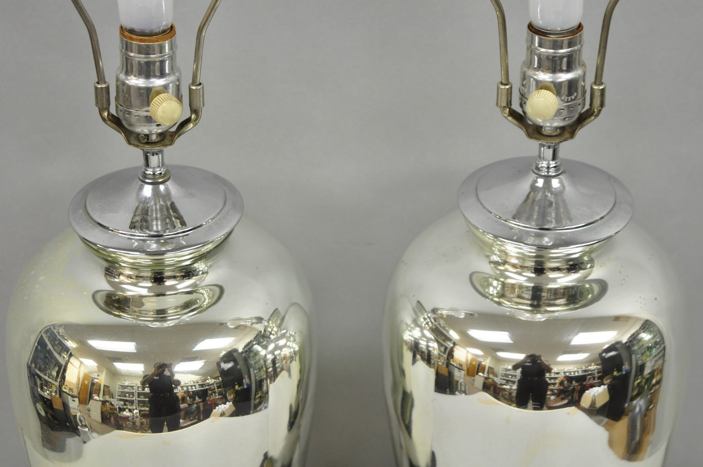 Vintage Mid Century Modern Silver Mercury Glass Jardiniere Vase Table Lamps Pair