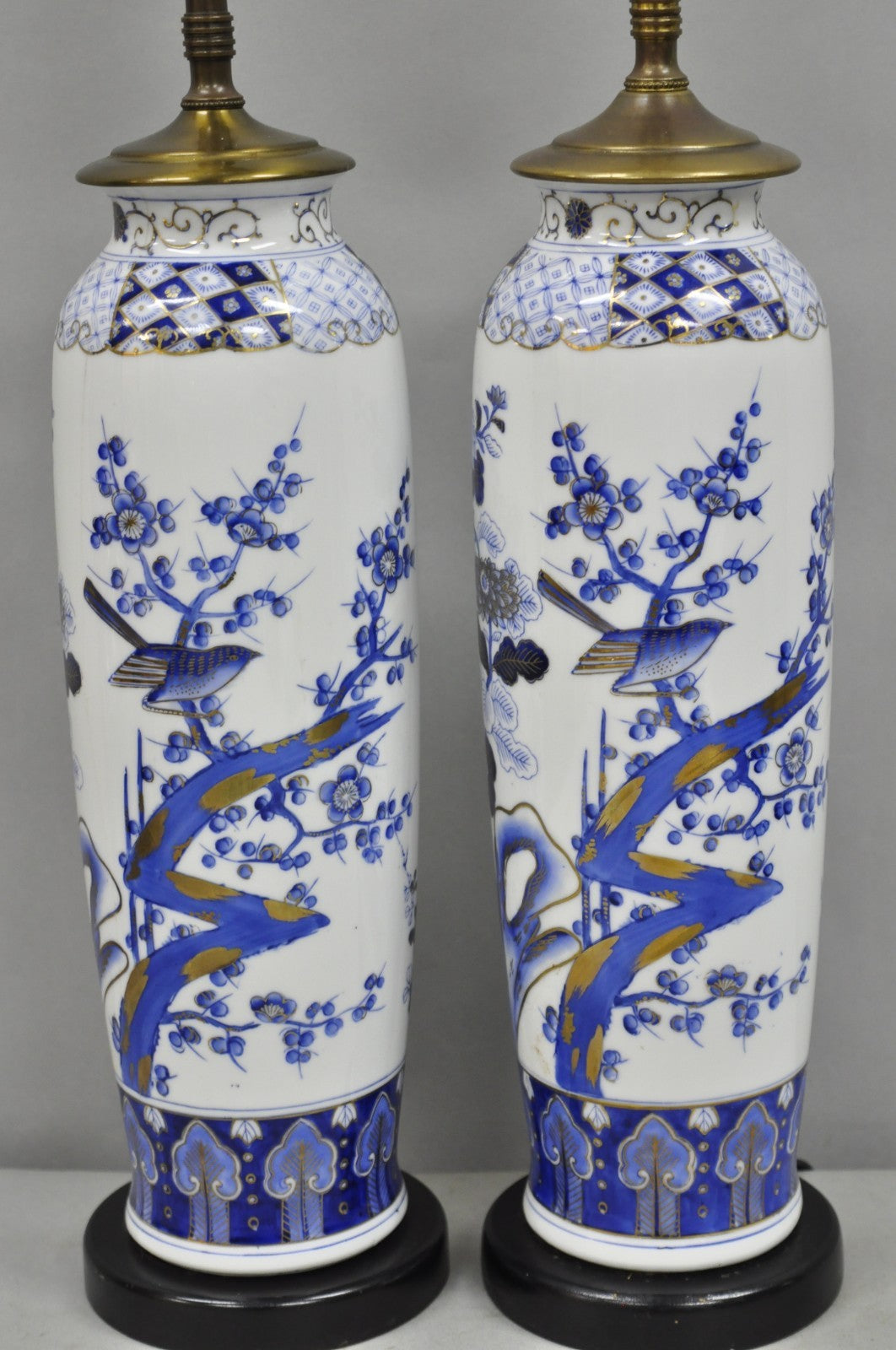 Vintage Chinoiserie Blue White Porcelain Bird & Plum Blossom Table Lamp - a Pair