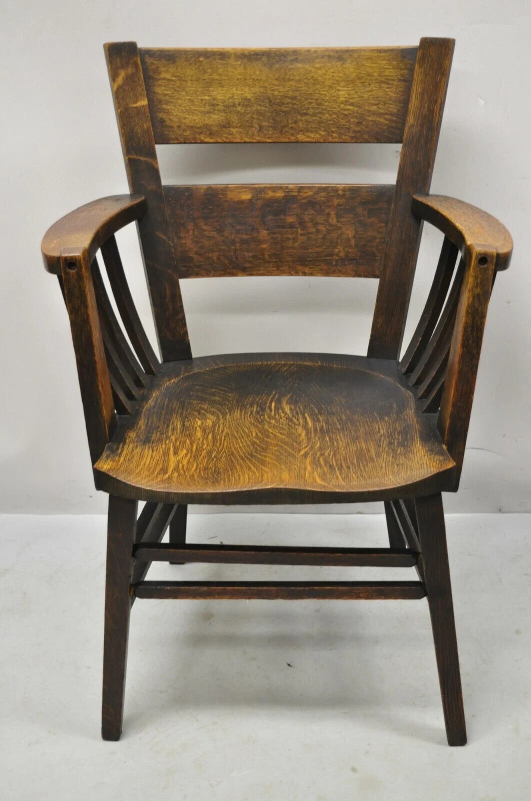 Antique Arts & Crafts Mission Oak Bowed Spindle Plank Seat School Arm Chair