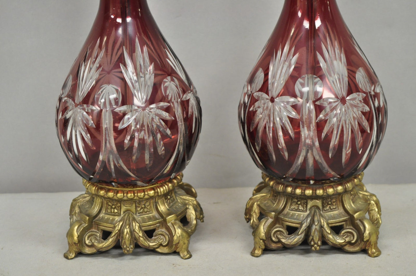 Antique Bohemian Cranberry Ruby Red Cut to Clear Glass Table Lamps - a Pair