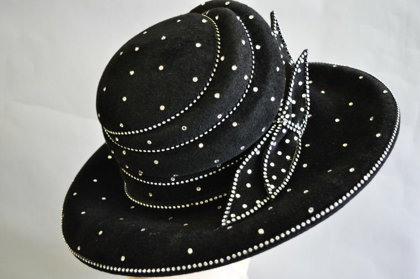 Vintage Makins New York Black Rhinestone Bow Wide Brim Church Derby Ladies Hat