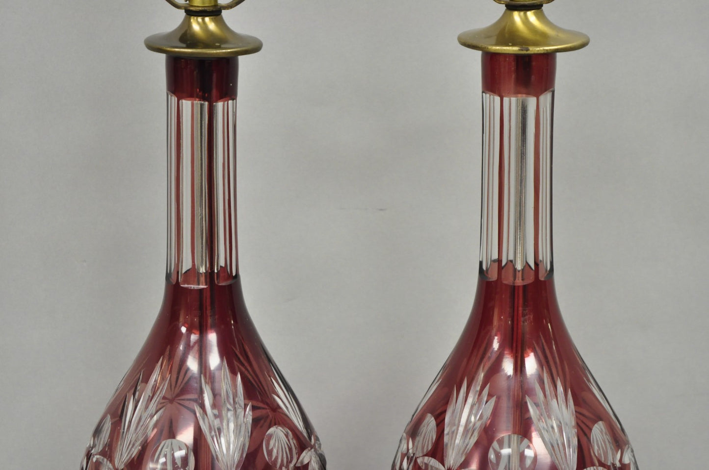 Antique Bohemian Cranberry Ruby Red Cut to Clear Glass Table Lamps - a Pair