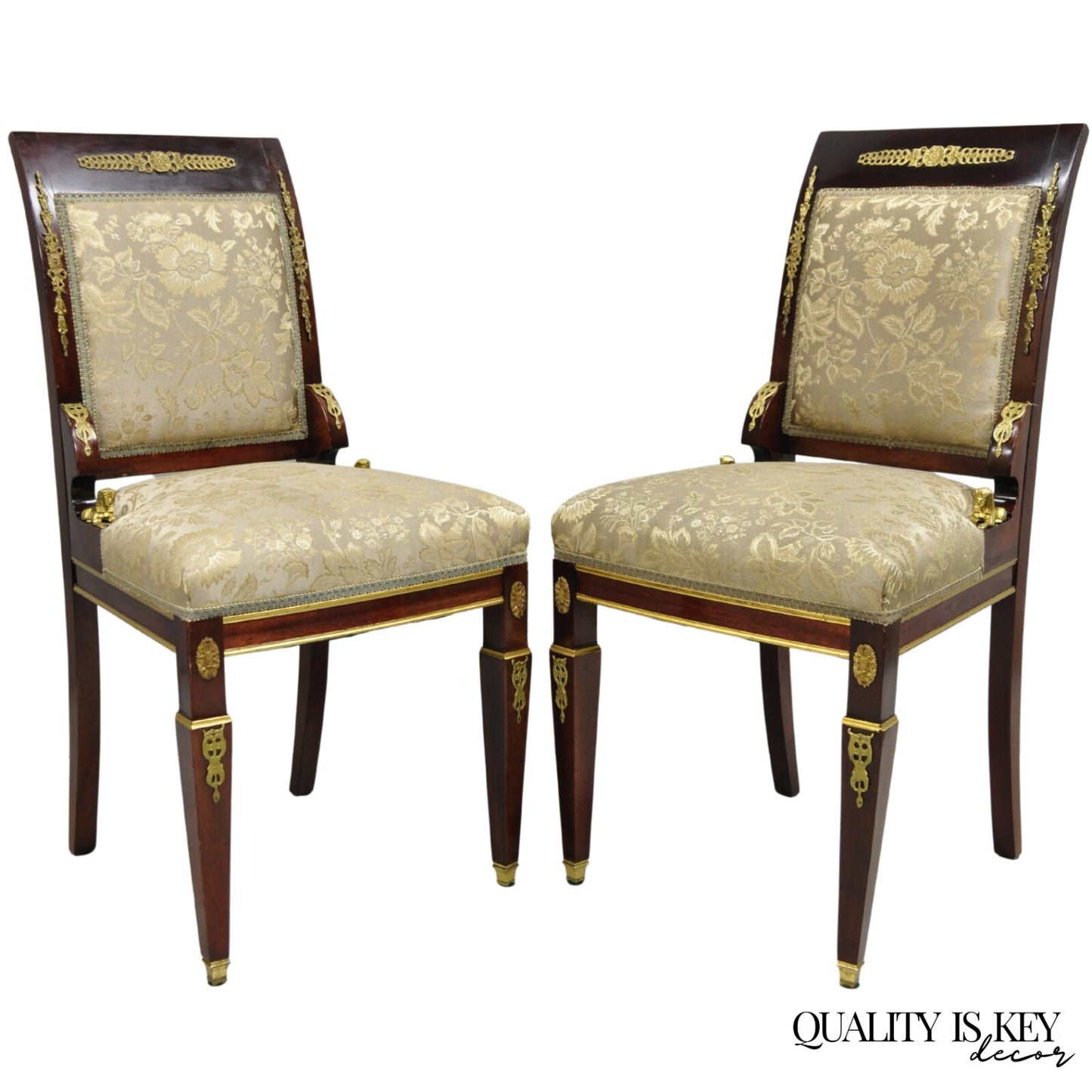 Vintage French Empire Mahogany Side Chairs with Bronze "Sphinx" Ormolu - a Pair