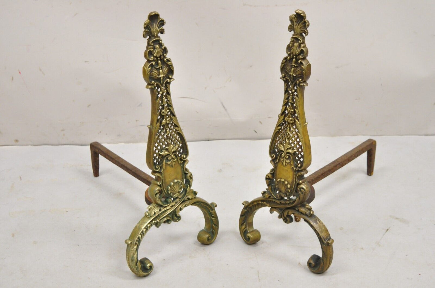 Antique French Rococo Style Bronze Brass Fireplace Andirons - a Pair