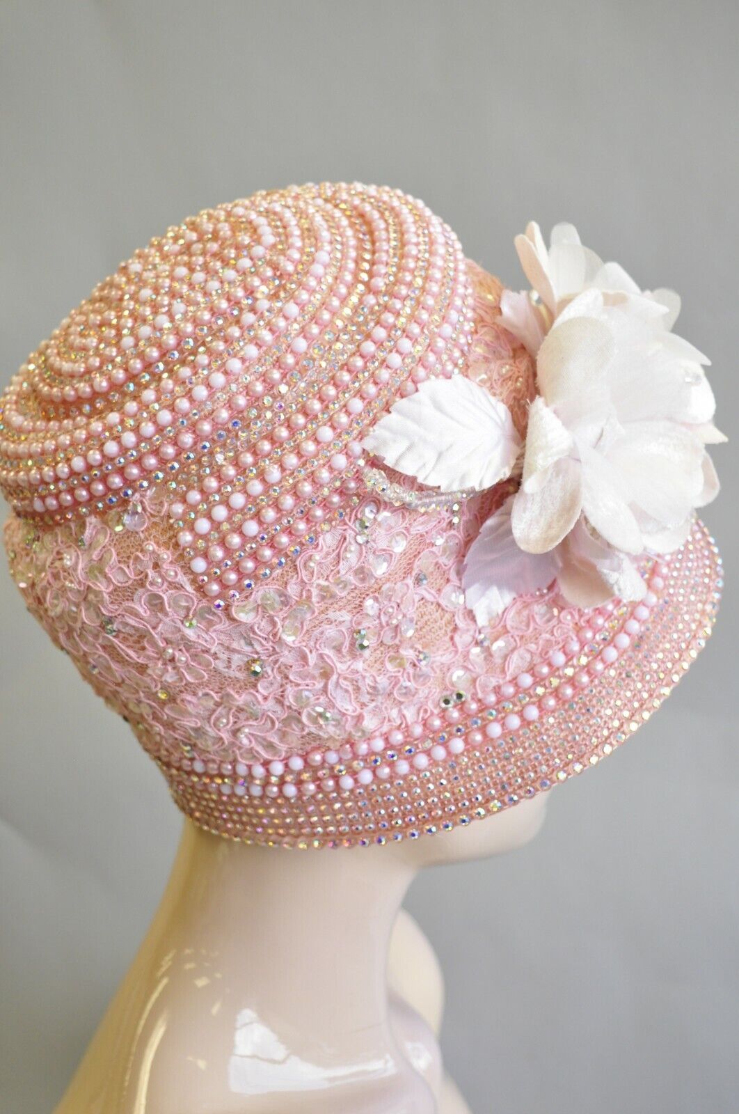 Shellie McDowell Pink Lace Iridescent Pearl Rhinestones Church Derby Crown Hat
