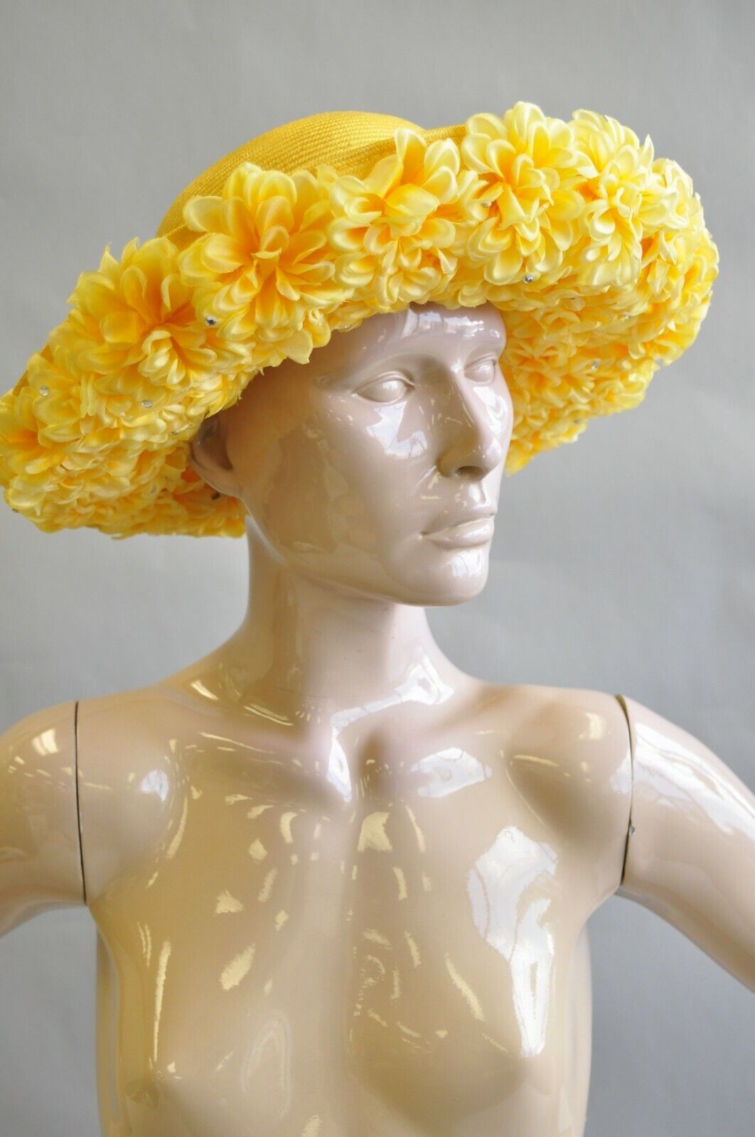 Vintage Jack McConnell Boutique Yellow Straw Bejeweled Flower Petal Derby Hat