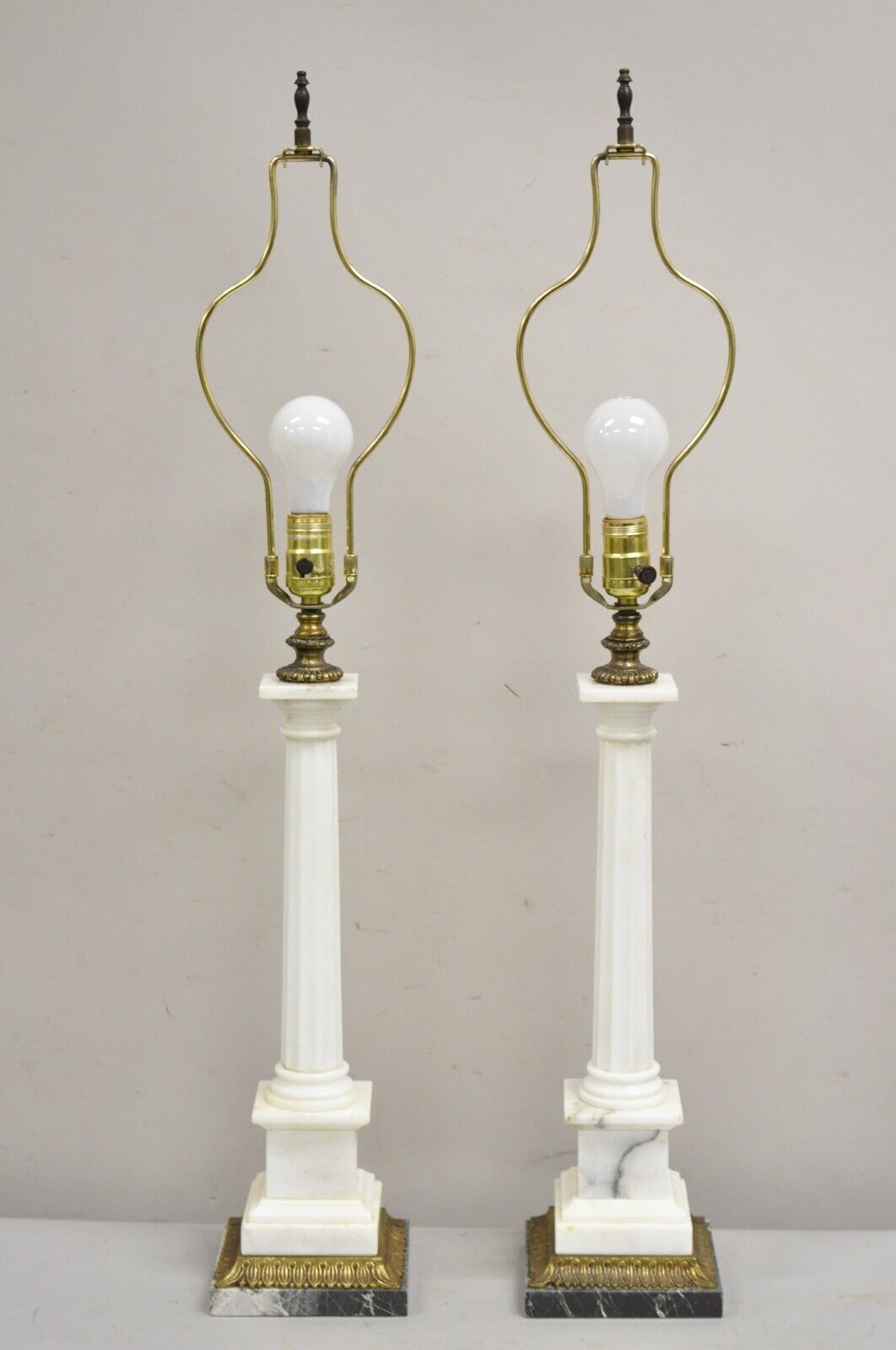 Vintage Italian Neoclassical White Marble Column Form Table Lamps - a Pair