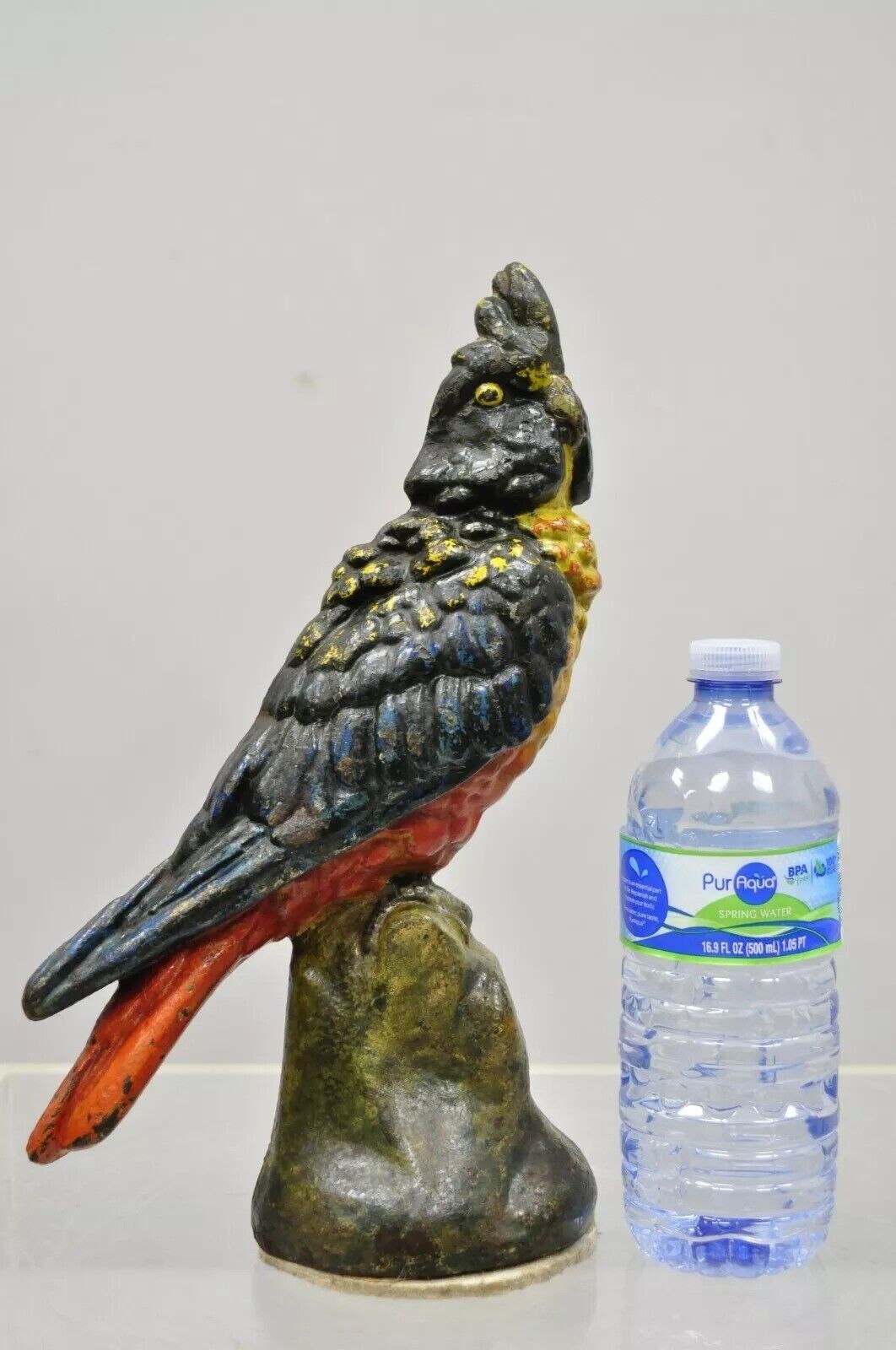 Antique Cast Iron Hand Painted 12" Cockatoo Parrot Figurine Doorstop Bookend