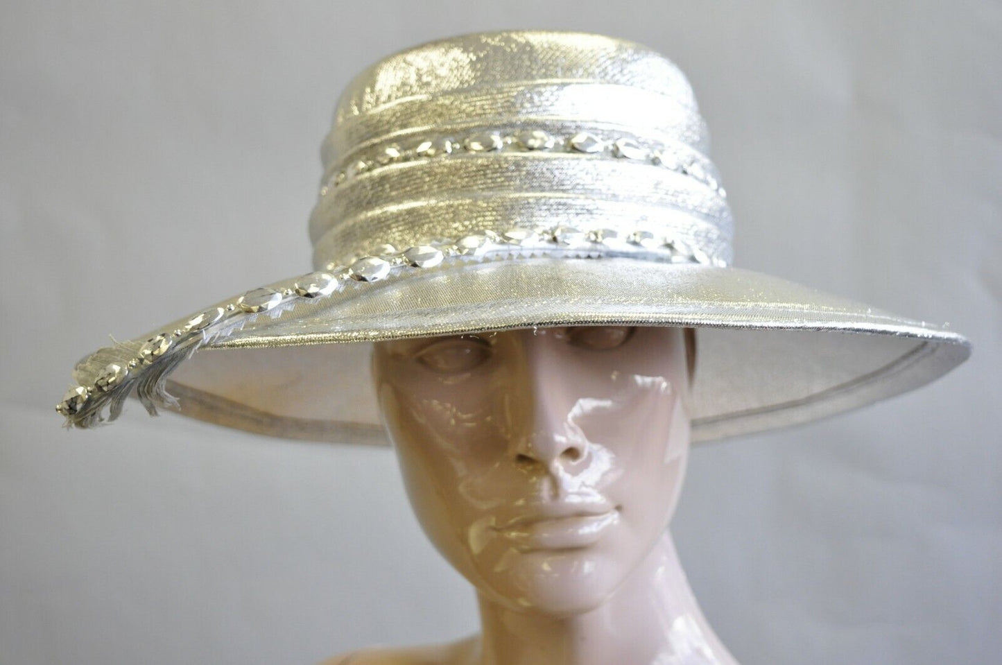 Vintage Mr. John Classic Metallic Silver Church Derby Wide Brim Hat with Feather