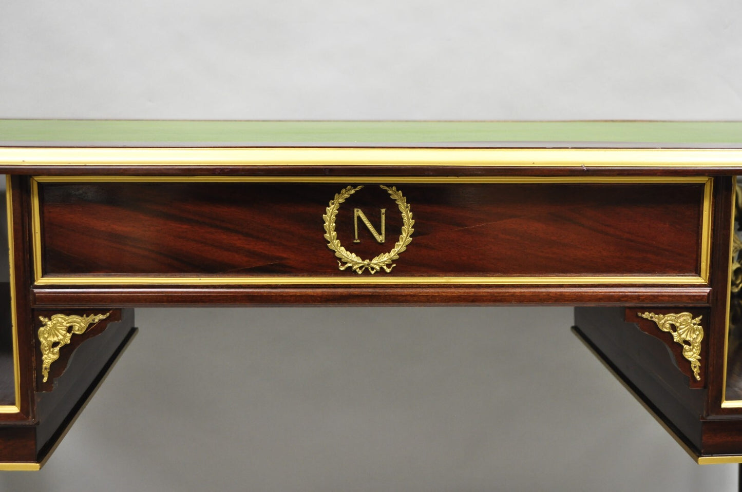 French Empire Revival Green Leather Top Bronze Griffin Mahogany Desk & Chair