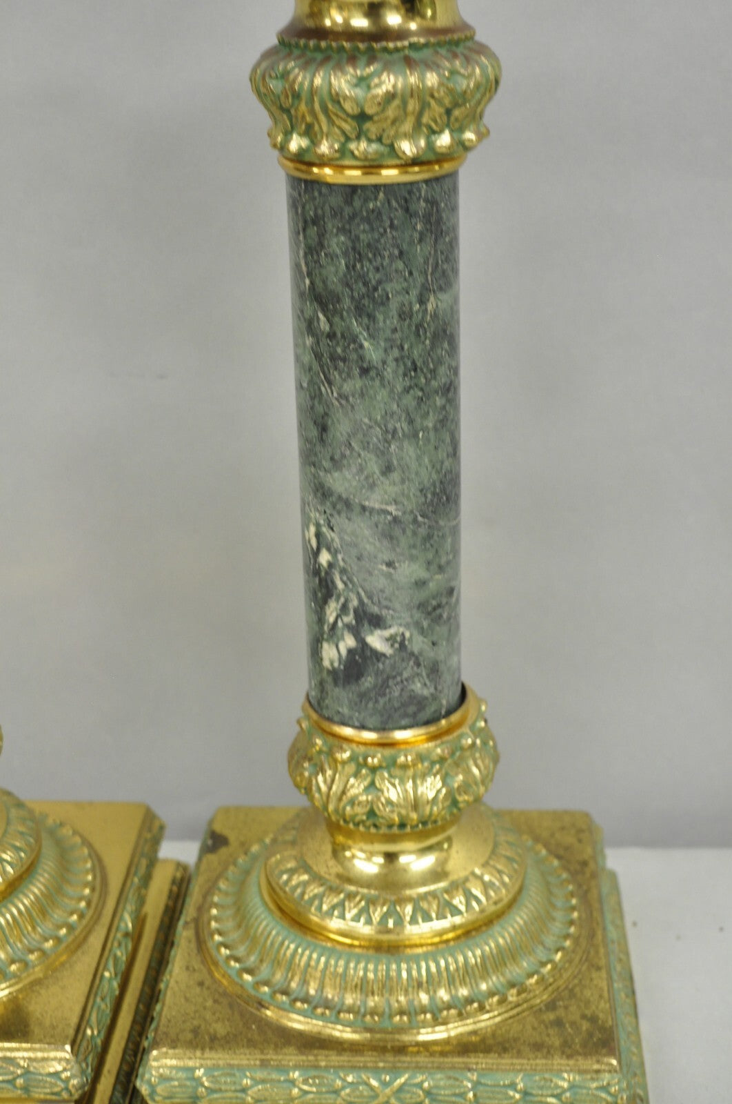 Vintage Hollywood Regency Brass Empire Green Column Gold Table Lamps - a Pair
